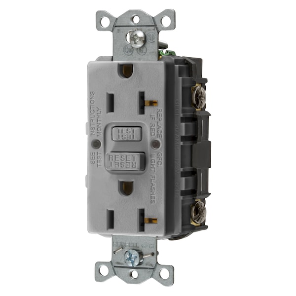 Straight Blade Devices, Receptacle, GFCI, Commercial Grade, Self Test, 20A 125V, 2-Pole 3-Wire Grounding, 5-20R, Gray, US Product